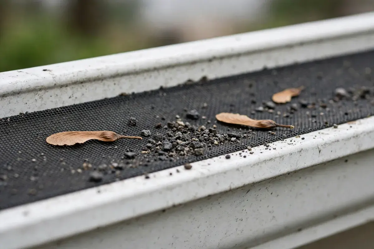 Close-up of a micro-mesh guard on a white gutter with maple seeds on top