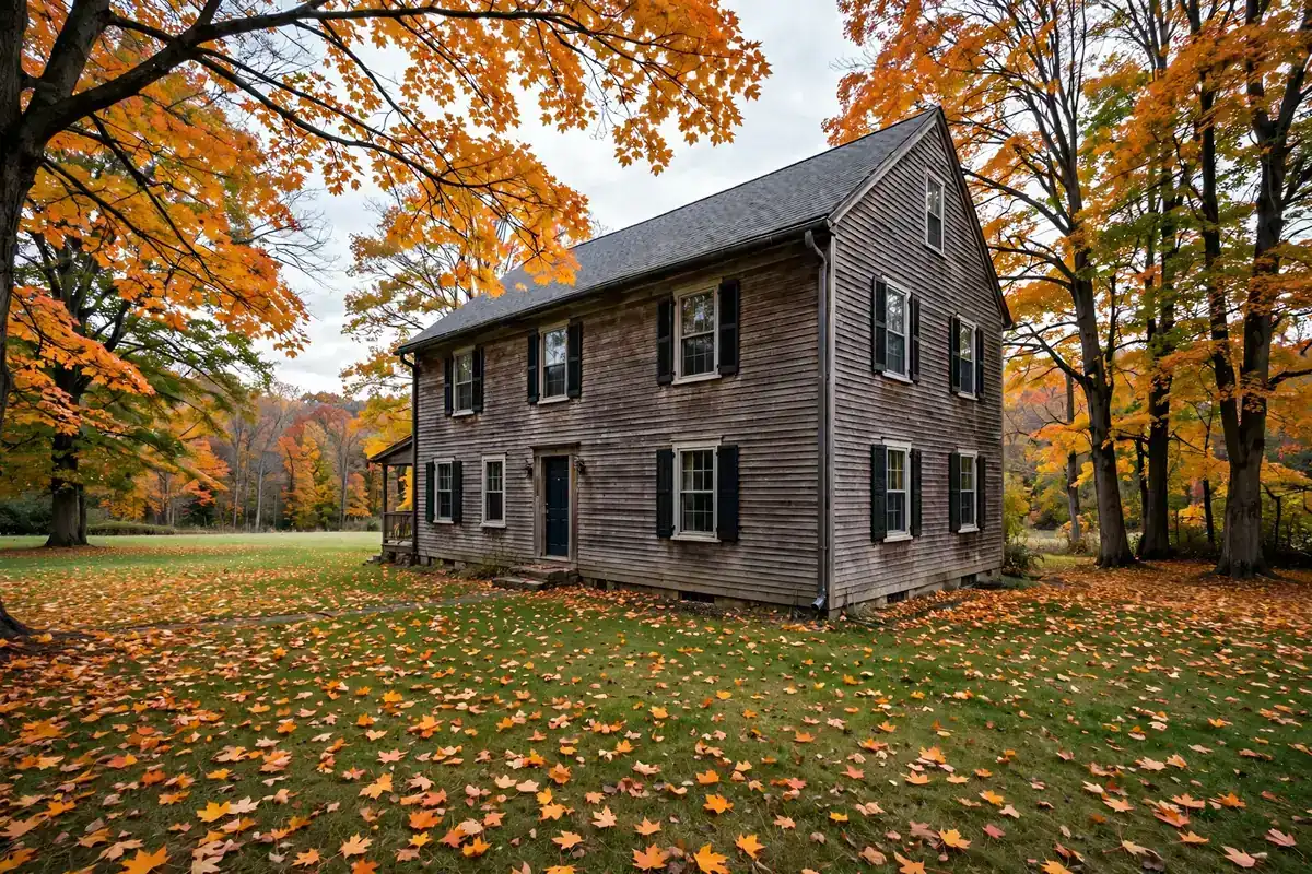 A two-story house roofline with maple leaves collecting along the gutter on the lawn side