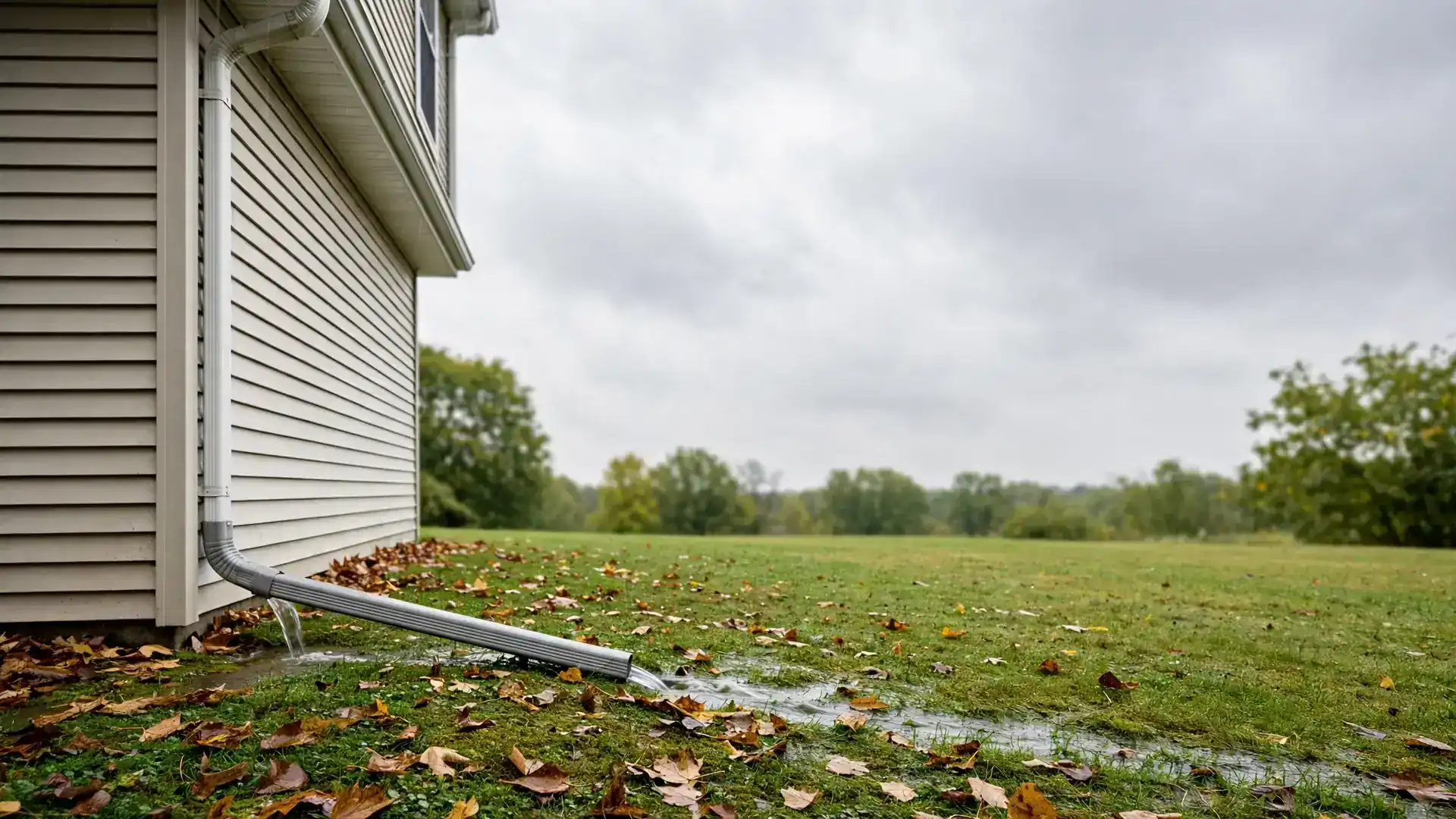Aluminum downspout carrying rainwater down the side of a house toward a splash block on the lawn