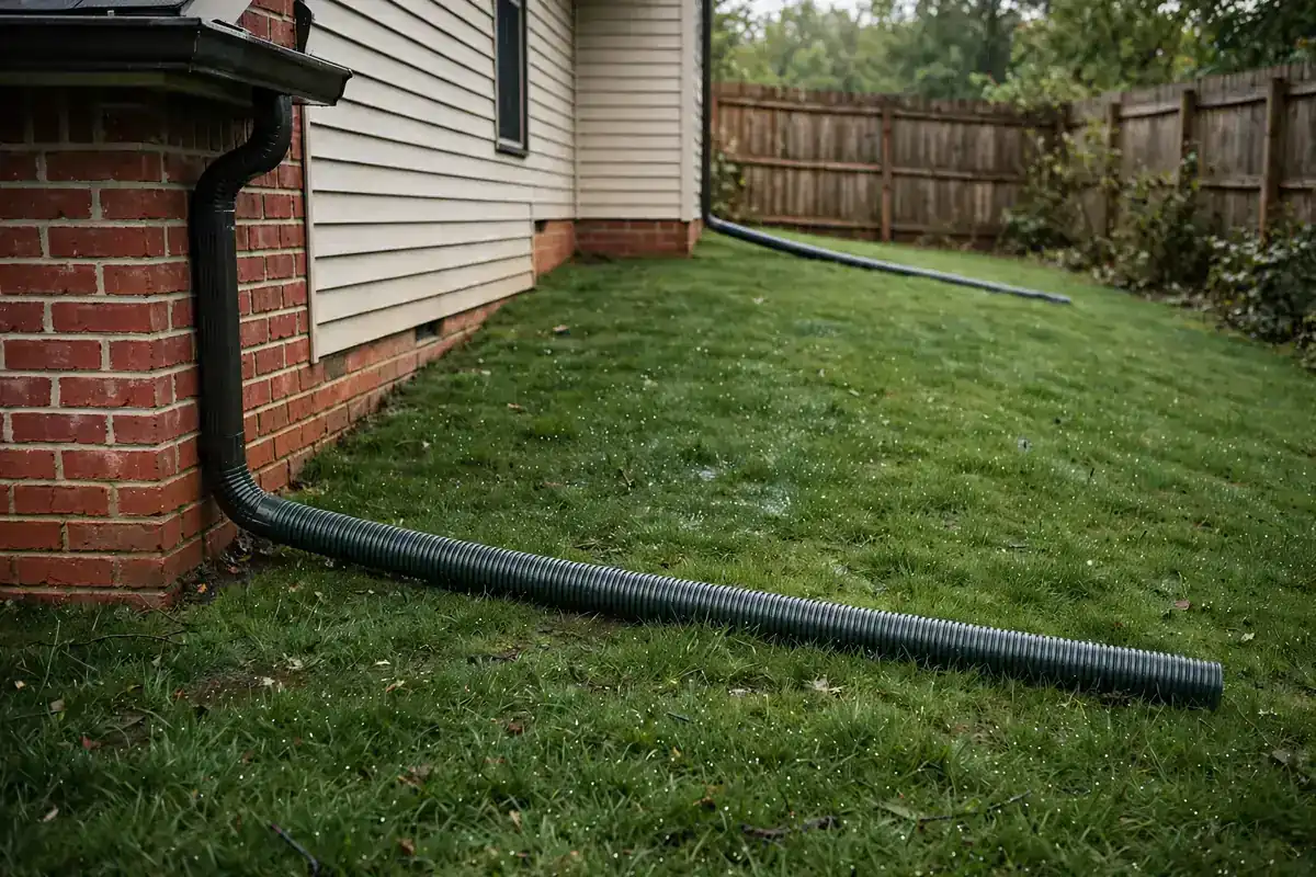 A downspout extension sloping away from a house foundation across a damp lawn