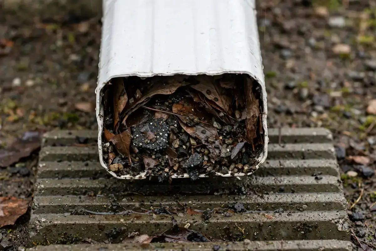 Bottom outlet of a downspout packed with wet leaves and grit above a splash block