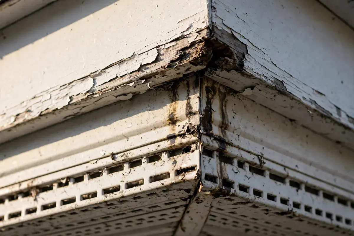 Weathered fascia board with peeling paint beside a water-stained vented soffit panel