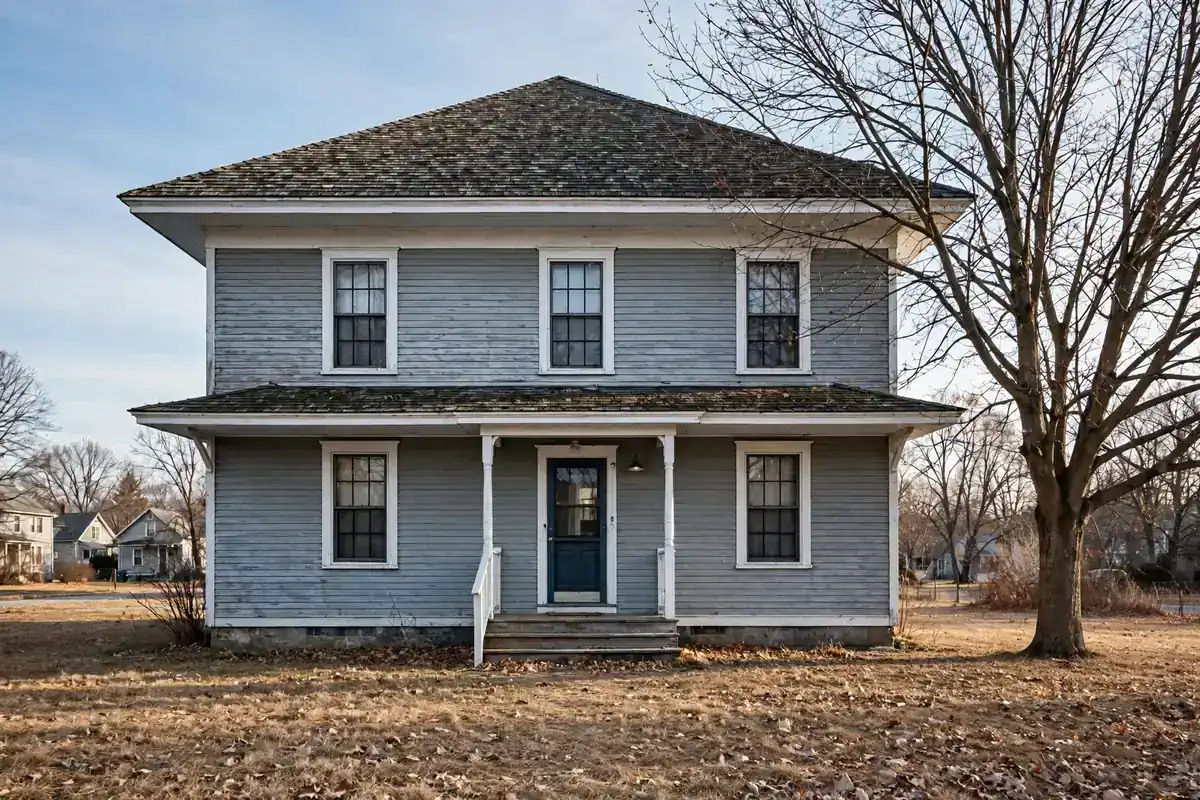 An older wood-framed house with deep eaves and clean white fascia in late autumn