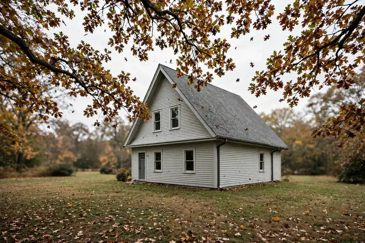A tall steep roofline with a long gutter run beside overhanging oak branches