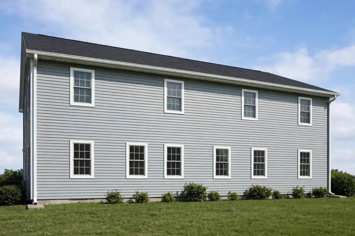 The side of a two-story house showing one long continuous gutter run with two downspouts