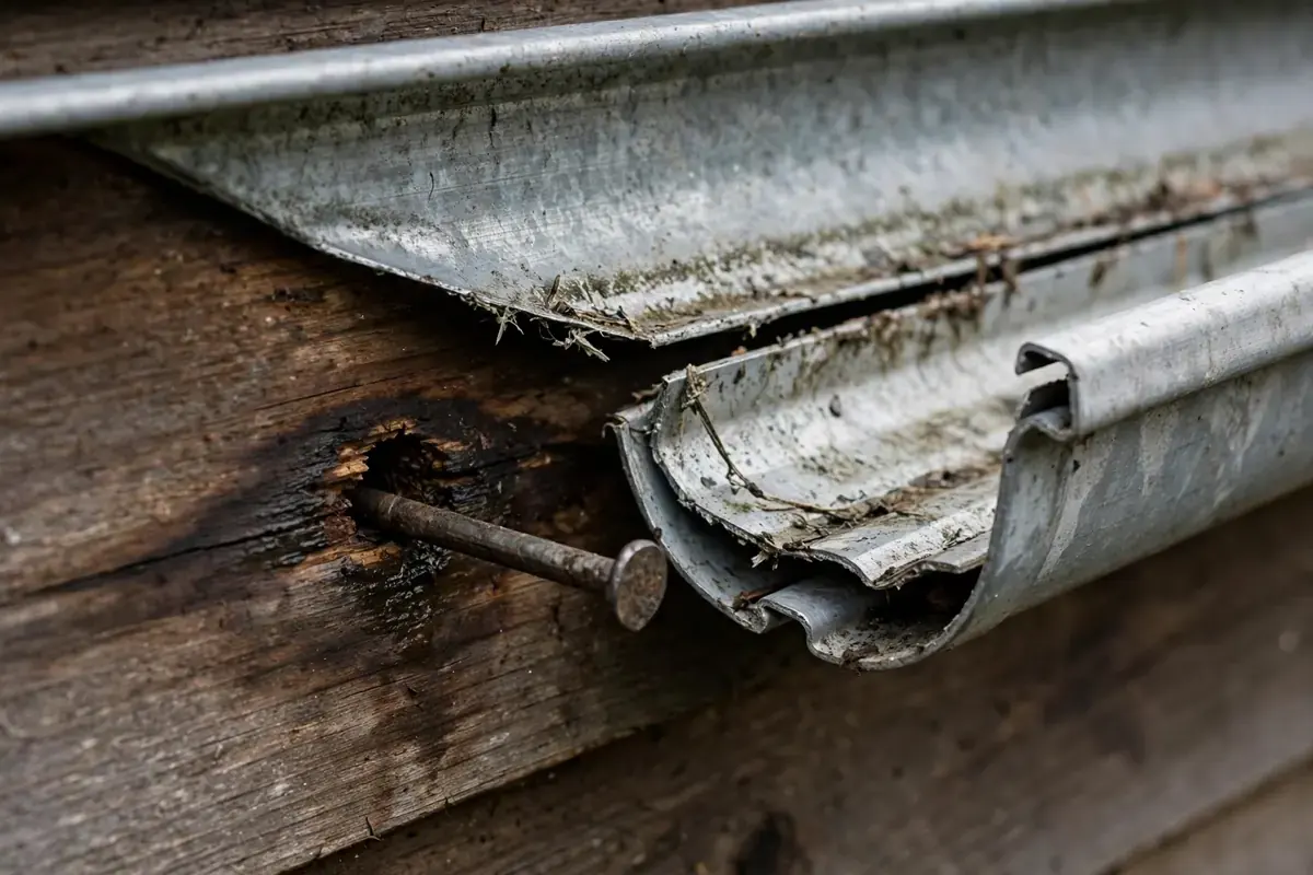 A visible gap between the back of a gutter and the fascia, with a loose spike