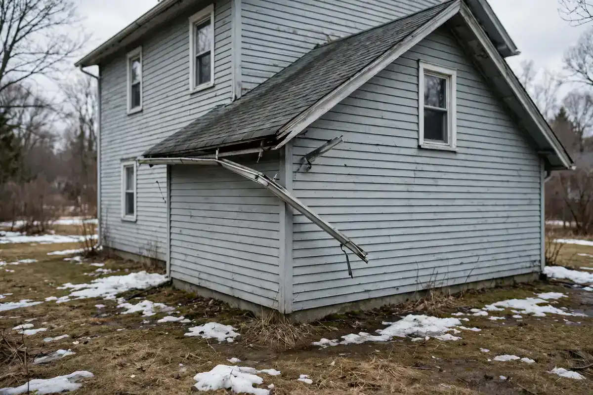 A gutter run drooping away from the roof edge at the end of a two-story house
