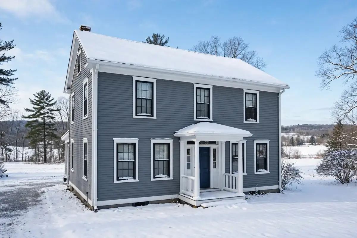 A two-story New York house after snowfall with clear, straight gutter runs along the eaves