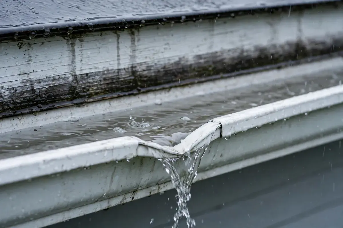 Rainwater spilling over the front lip of a gutter during steady rain