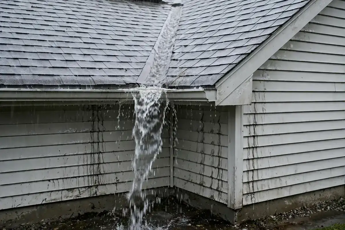Streaks of rain running down siding below a roof valley on a gray day