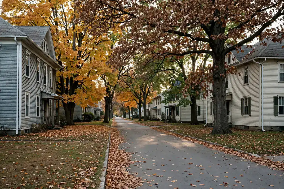 A quiet residential street of older houses in late autumn under tall oaks and maples