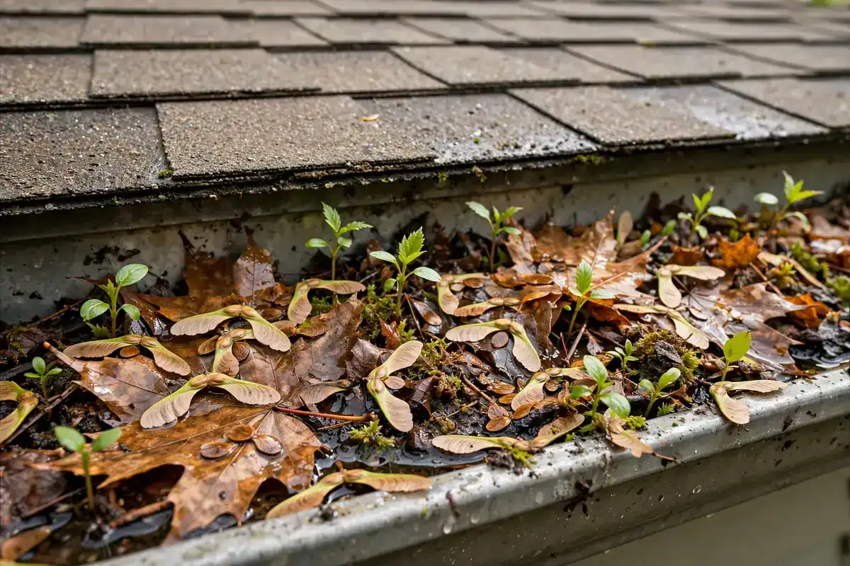 A gutter filled with wet maple leaves and winged seeds along a roof edge