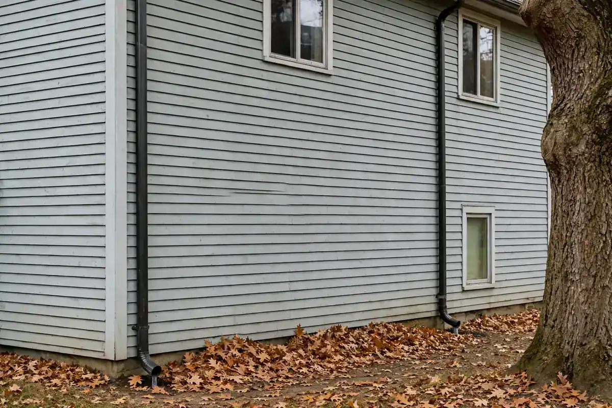 The side of a house with two downspouts and fallen oak leaves around the base