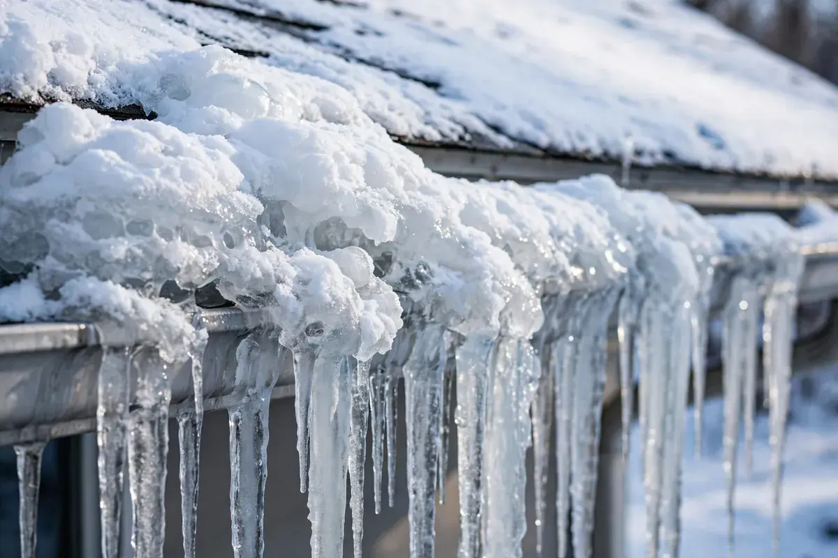 Icicles and a thick ridge of ice built up along a gutter edge under roof snow