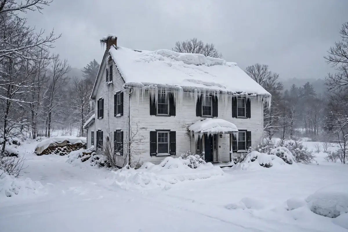 A snow-covered two-story house with ice hanging along the eaves after lake-effect snow