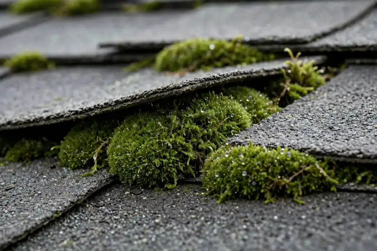 Close-up of green moss growing between asphalt shingle tabs on a damp roof