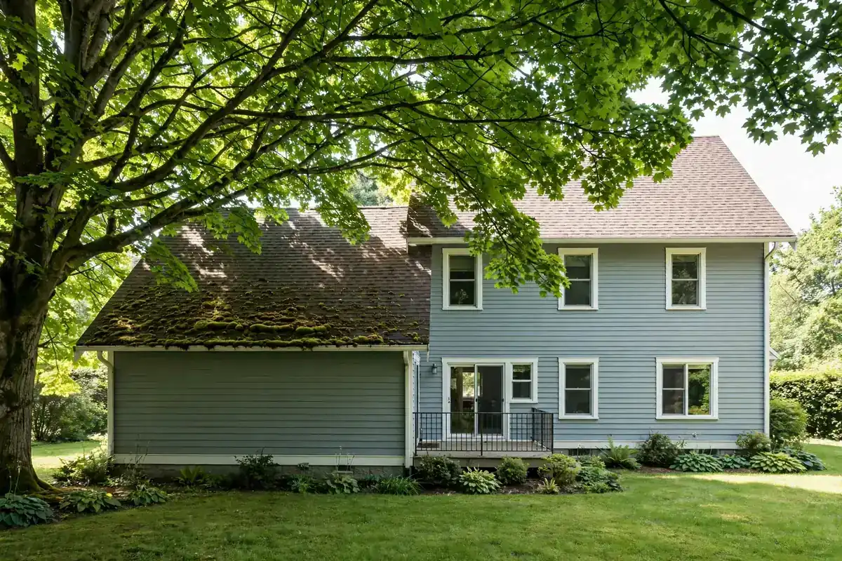 A shaded roof slope under a maple, mossy beside a clean sunny slope